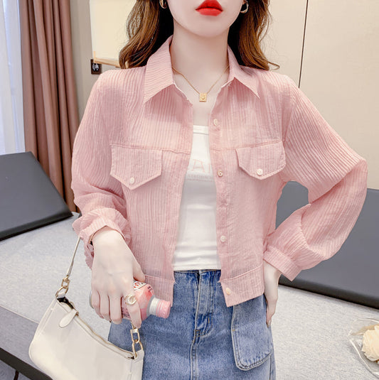 Sheer Pleated Cropped Utility Blouse