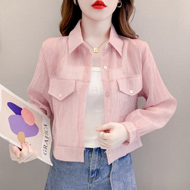 Sheer Pleated Cropped Utility Blouse