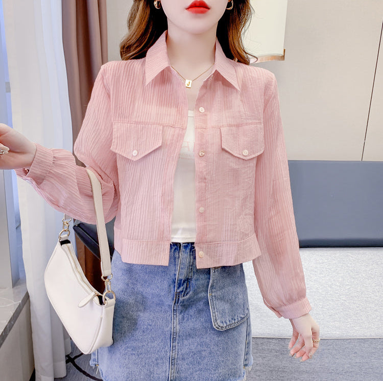 Sheer Pleated Cropped Utility Blouse