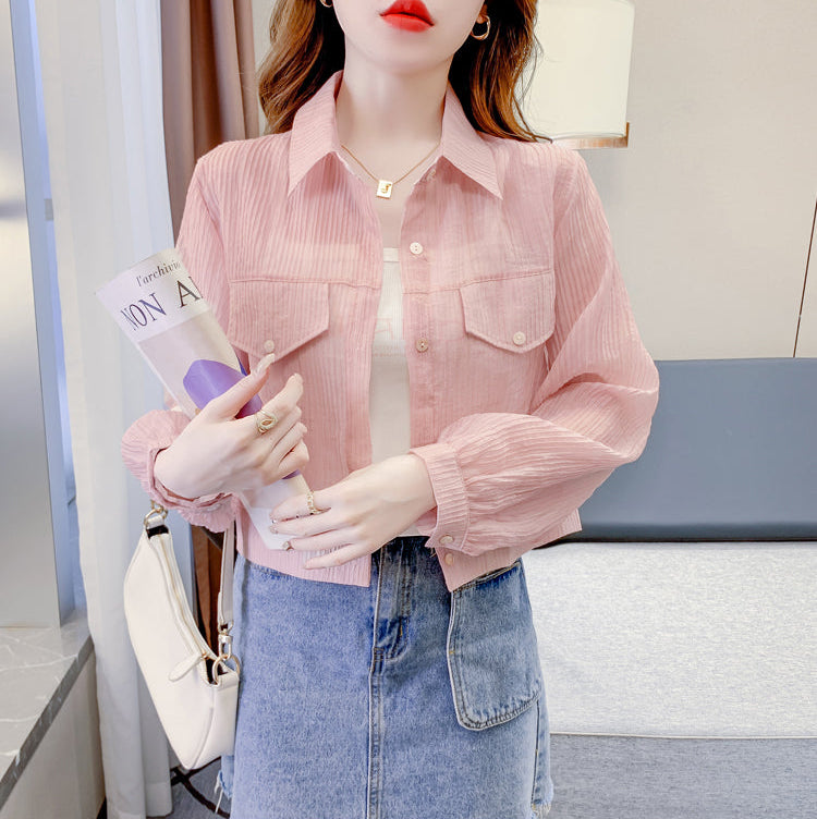Sheer Pleated Cropped Utility Blouse