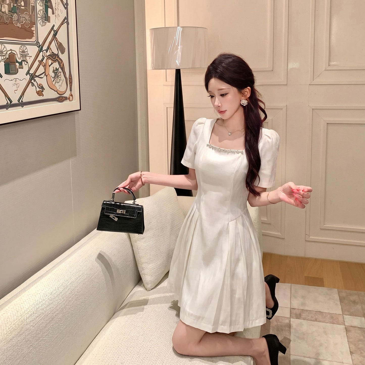 Crystal Trim Square Neck Puff Sleeve Dress
