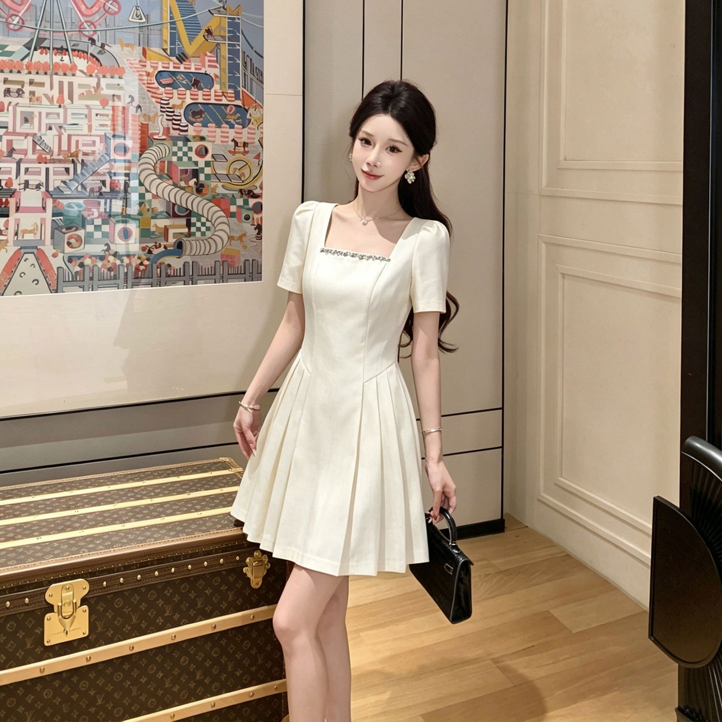 Crystal Trim Square Neck Puff Sleeve Dress