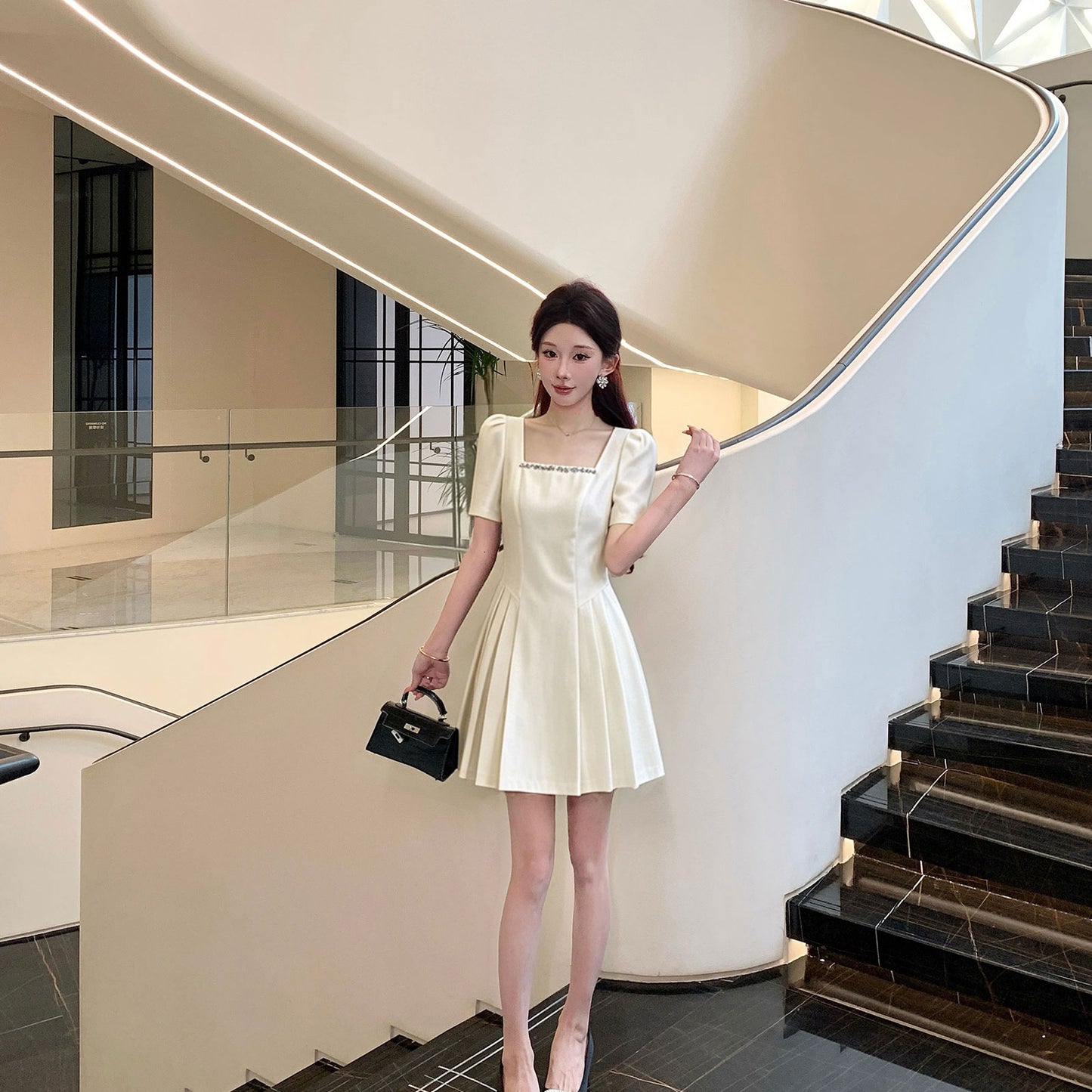 Crystal Trim Square Neck Puff Sleeve Dress