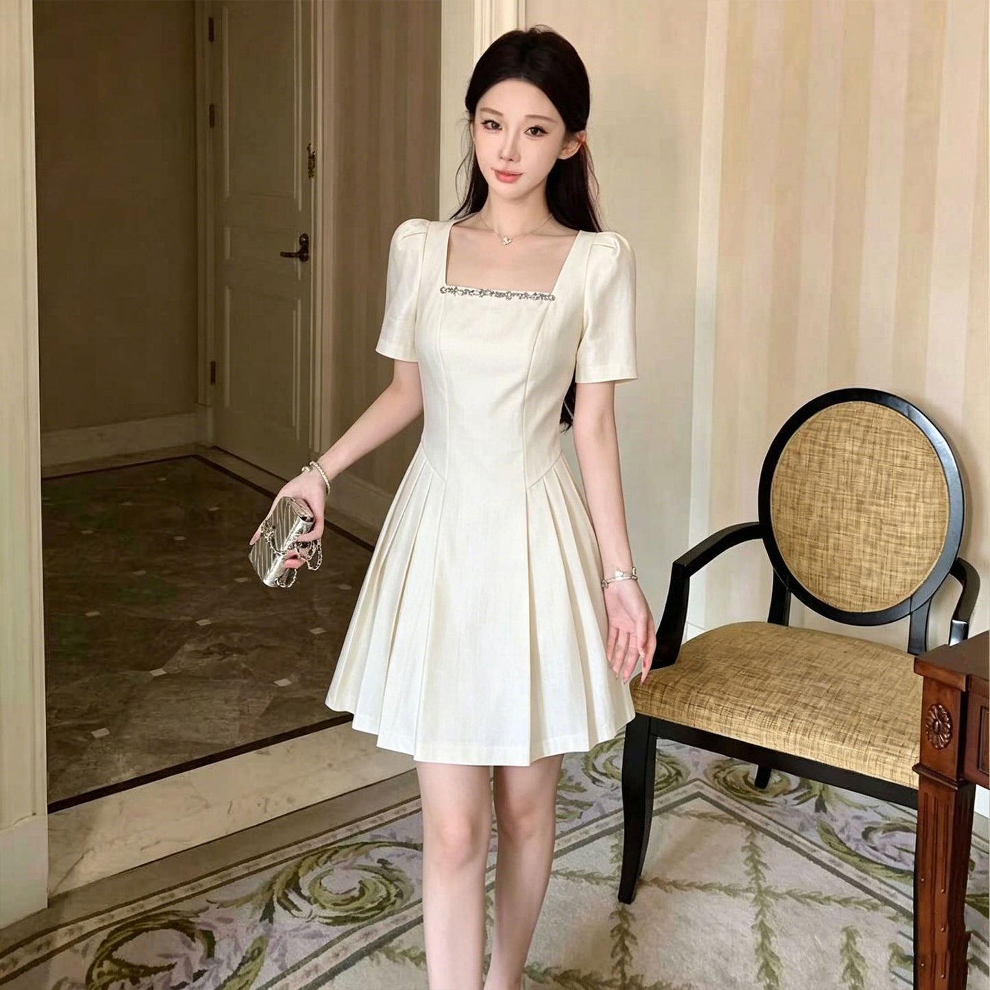 Crystal Trim Square Neck Puff Sleeve Dress