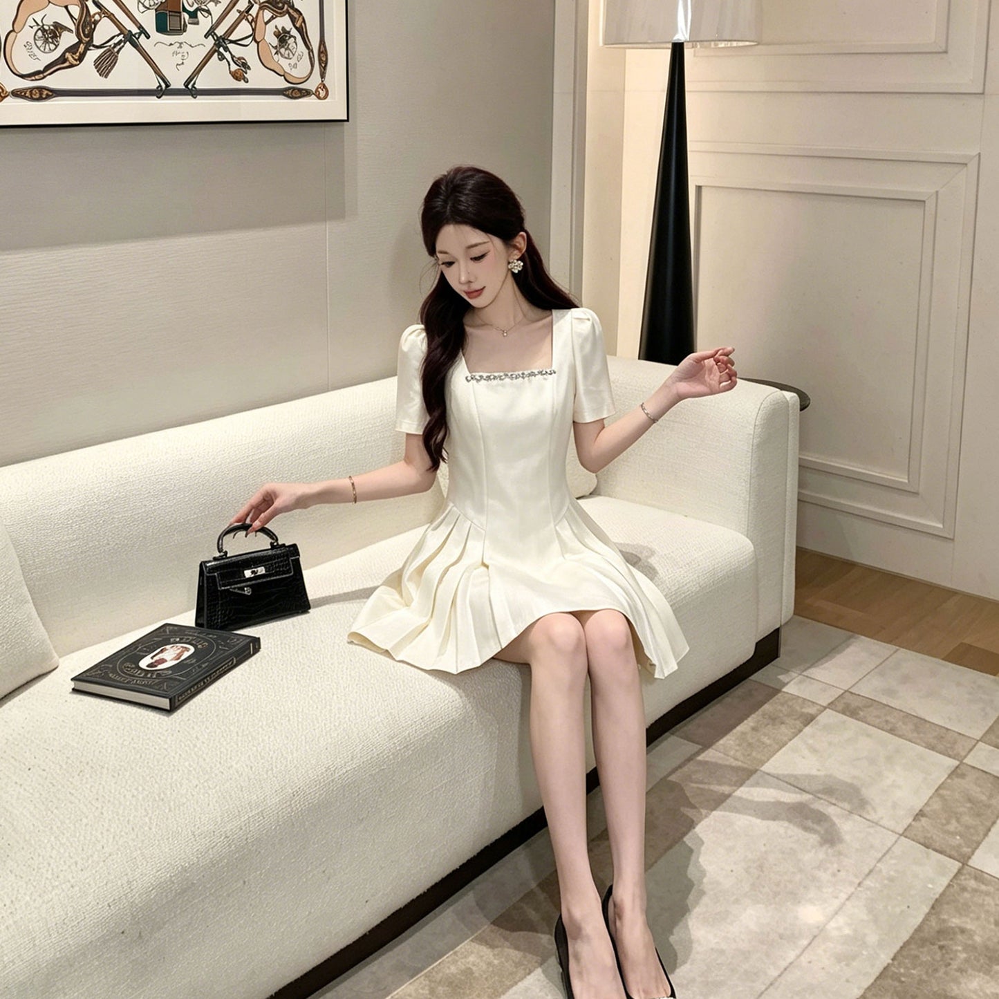 Crystal Trim Square Neck Puff Sleeve Dress