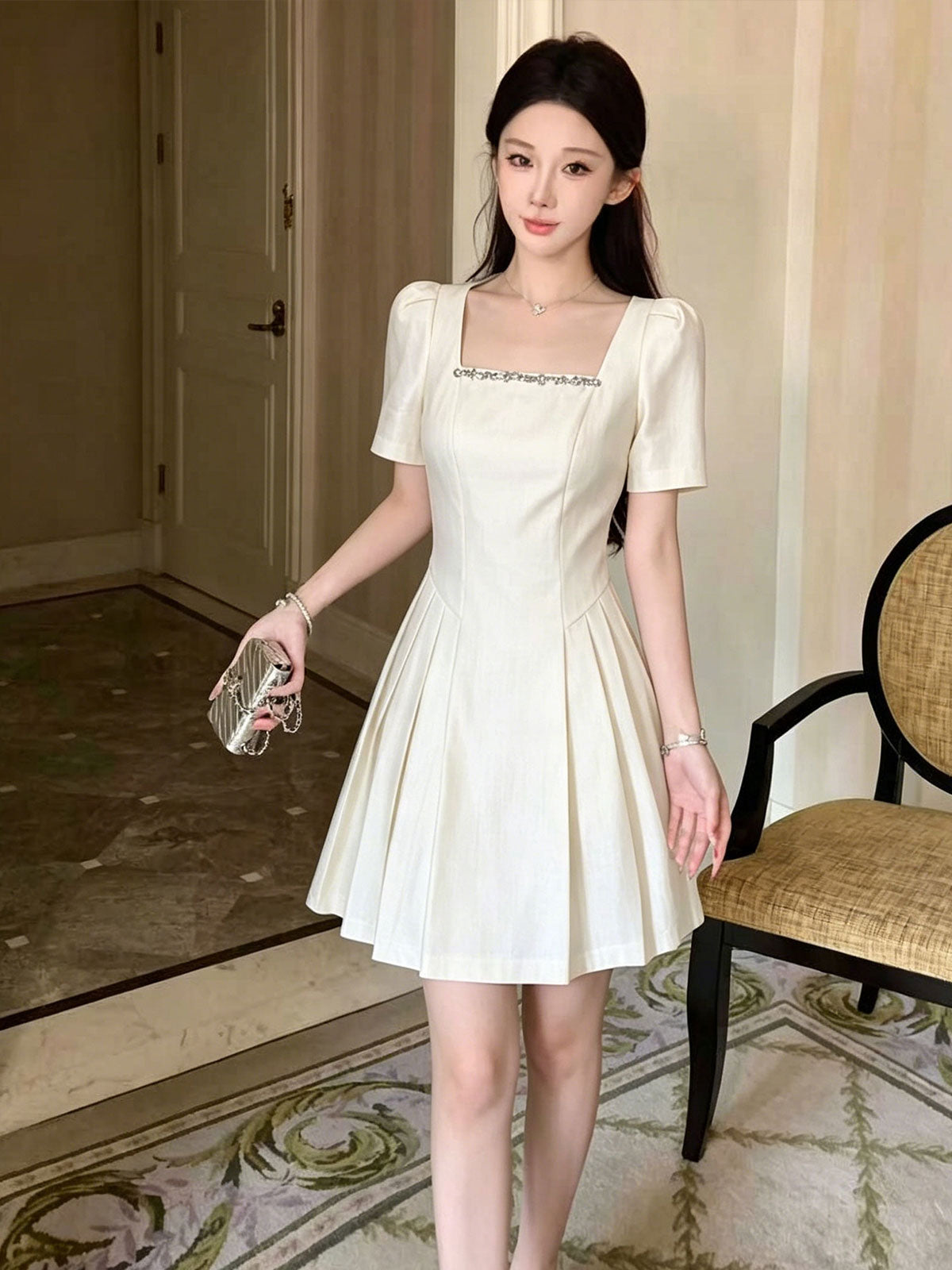 Crystal Trim Square Neck Puff Sleeve Dress