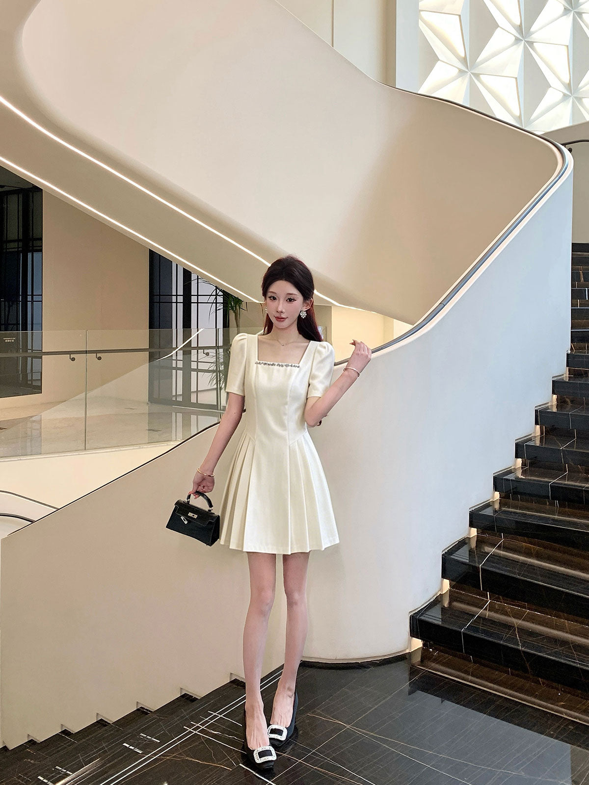 Crystal Trim Square Neck Puff Sleeve Dress
