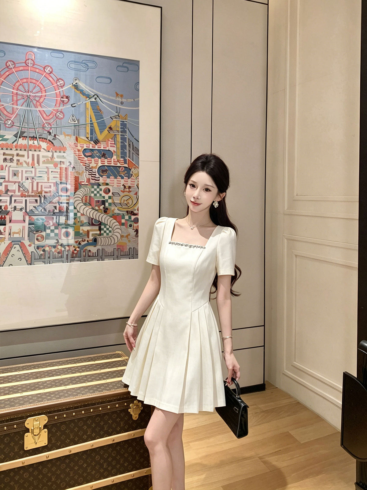 Crystal Trim Square Neck Puff Sleeve Dress