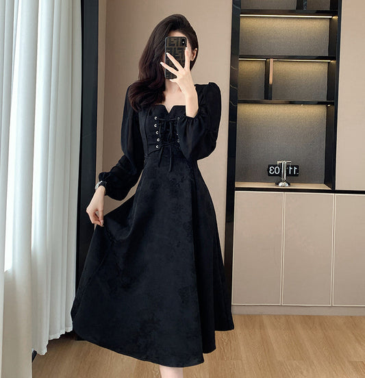 Vintage Jacquard Lace-Up Corset Midi Dress