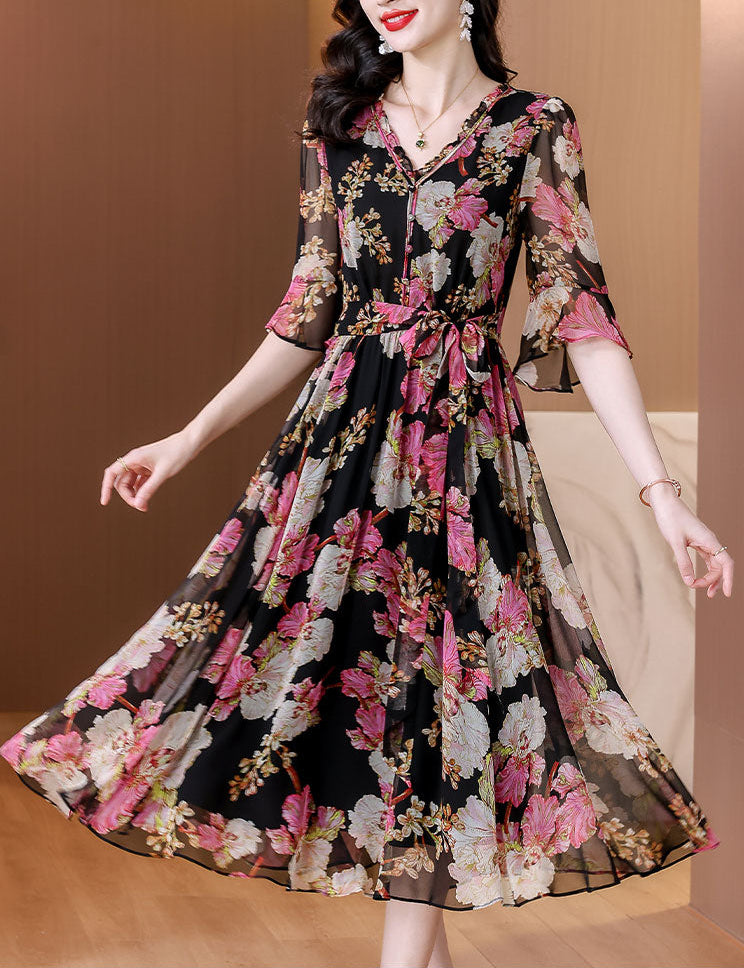 Dahlia Printed Chiffon V-Neck Midi Dress- Plus Size