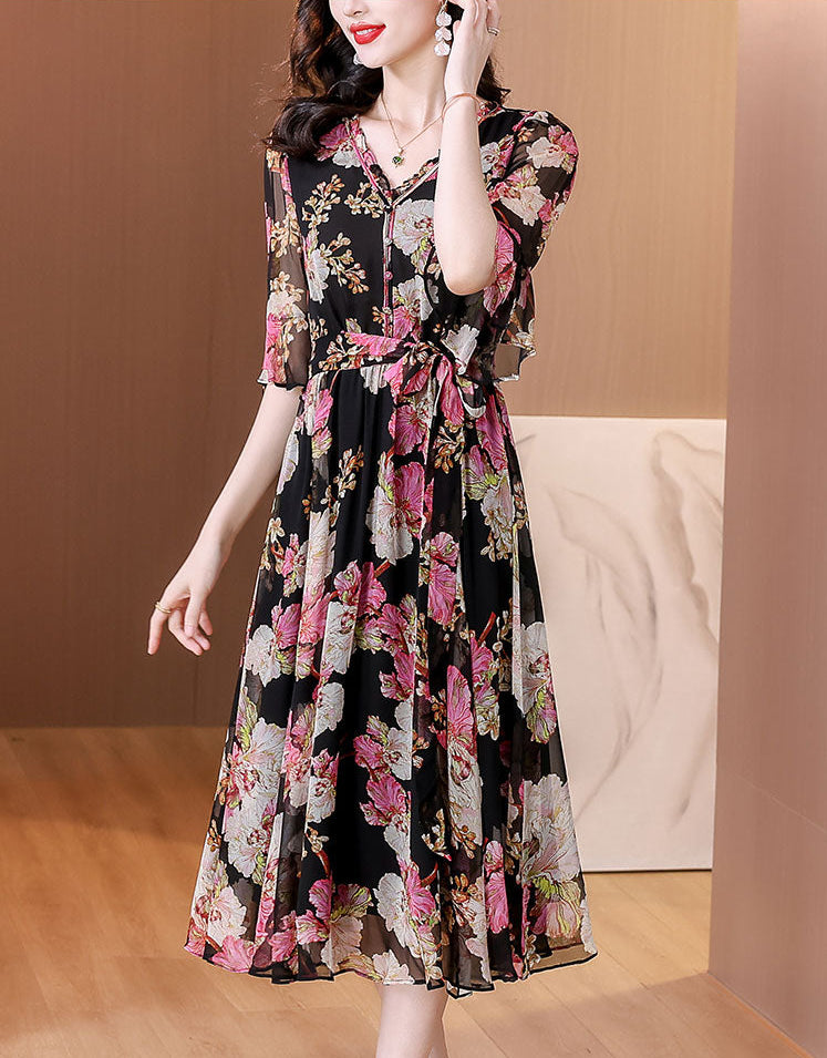 Dahlia Printed Chiffon V-Neck Midi Dress- Plus Size