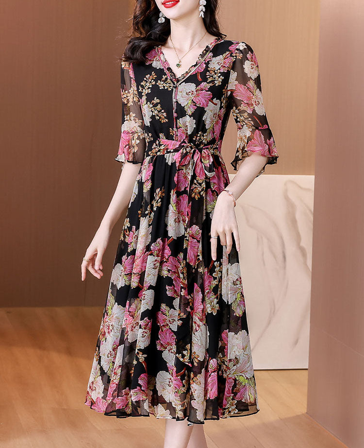 Dahlia Printed Chiffon V-Neck Midi Dress- Plus Size