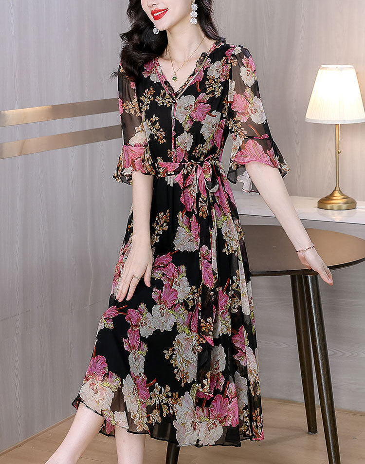 Dahlia Printed Chiffon V-Neck Midi Dress- Plus Size