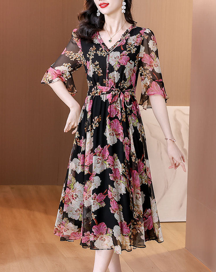 Dahlia Printed Chiffon V-Neck Midi Dress- Plus Size