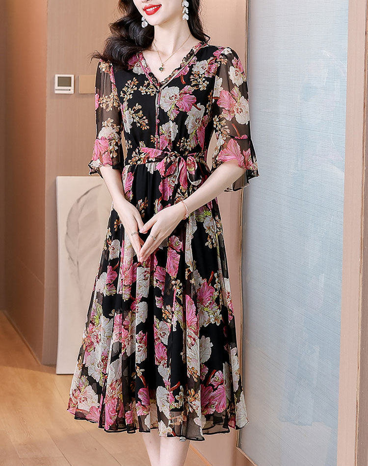 Dahlia Printed Chiffon V-Neck Midi Dress- Plus Size