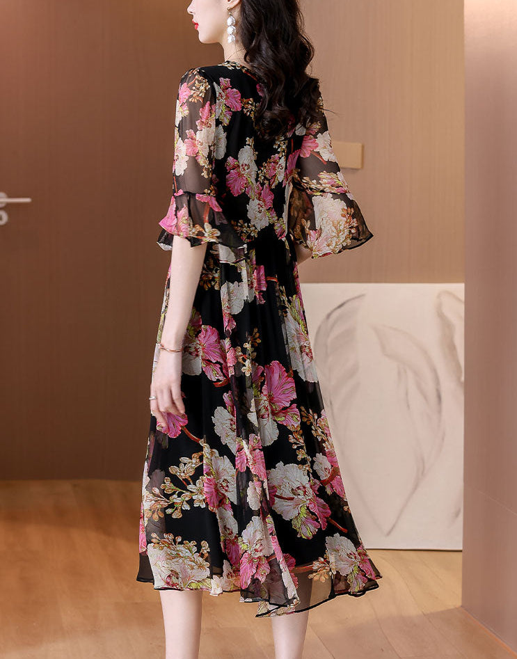 Dahlia Printed Chiffon V-Neck Midi Dress- Plus Size