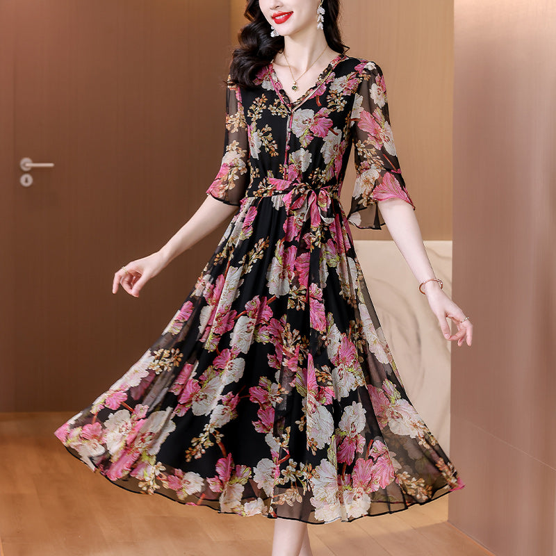 Dahlia Printed Chiffon V-Neck Midi Dress- Plus Size
