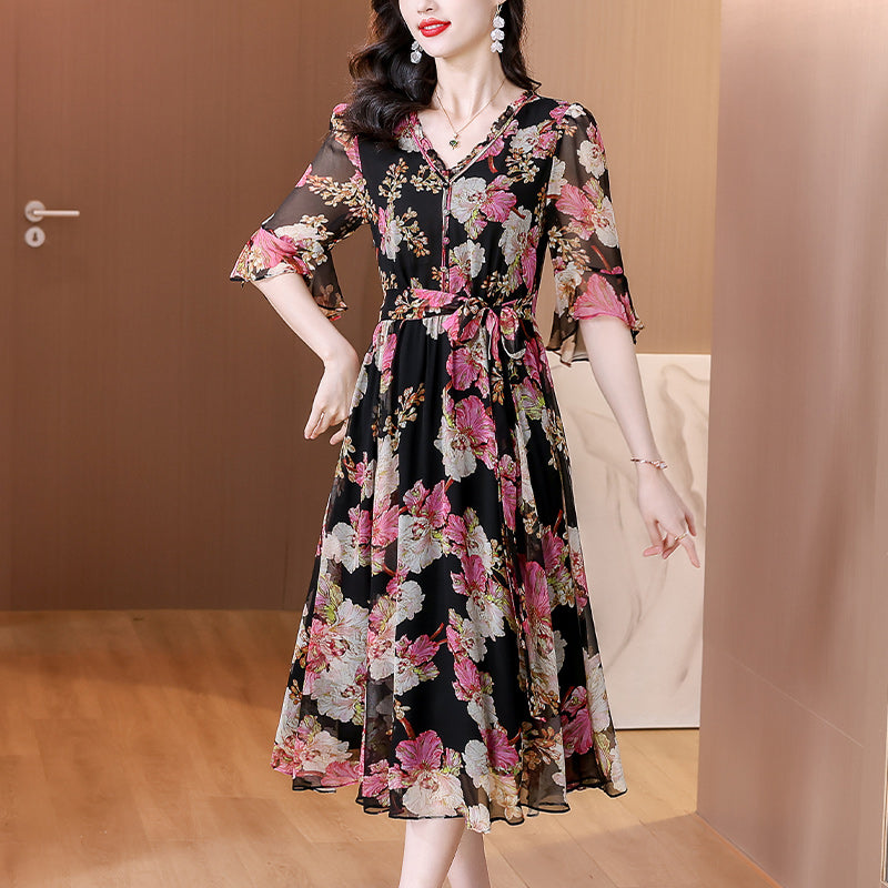 Dahlia Printed Chiffon V-Neck Midi Dress- Plus Size