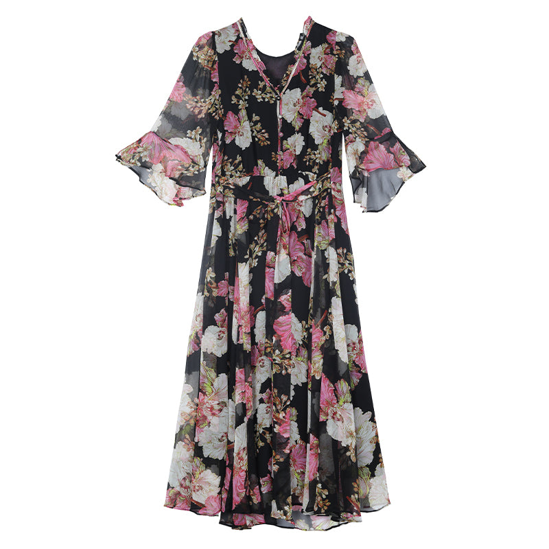 Dahlia Printed Chiffon V-Neck Midi Dress- Plus Size