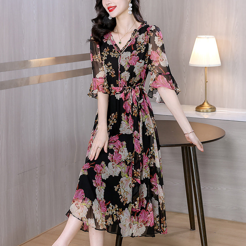 Dahlia Printed Chiffon V-Neck Midi Dress- Plus Size