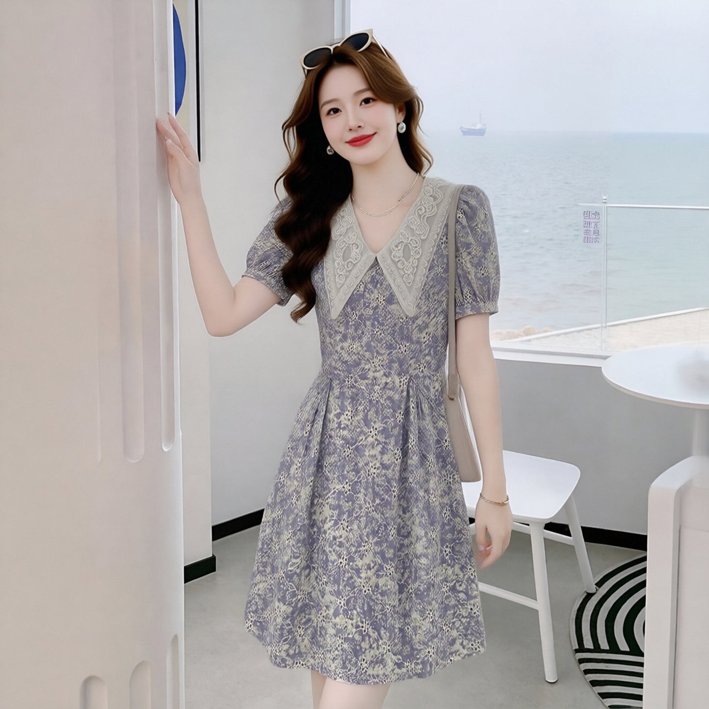 Daisy Lavender Puff Sleeve Dress with Lace Collar
