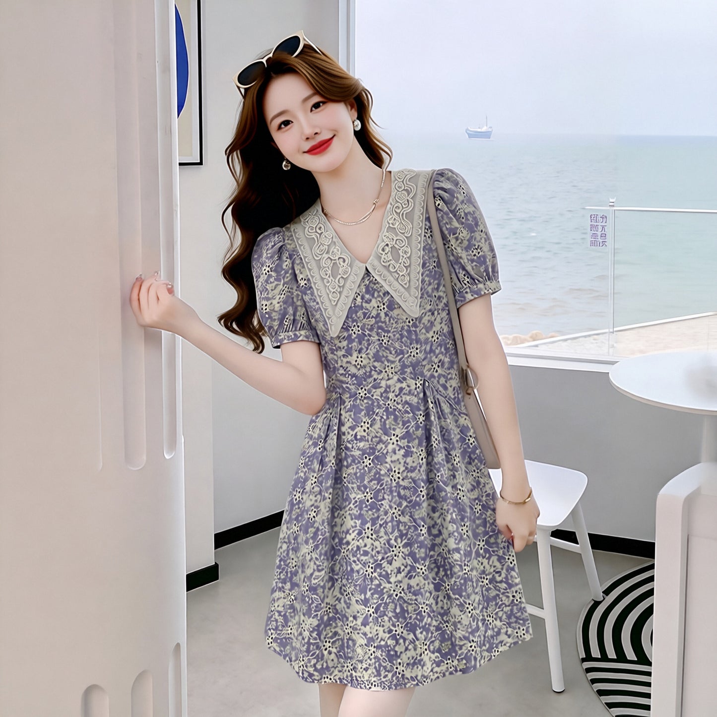 Daisy Lavender Puff Sleeve Dress with Lace Collar