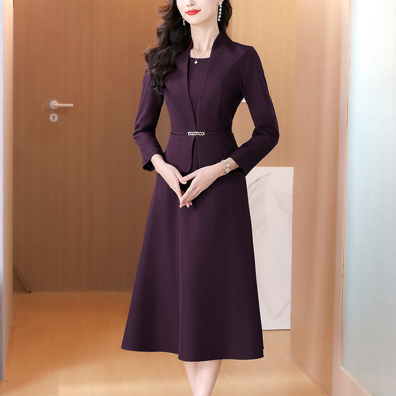 Dark Purple Faux Two-Piece Blazer Midi Dress with