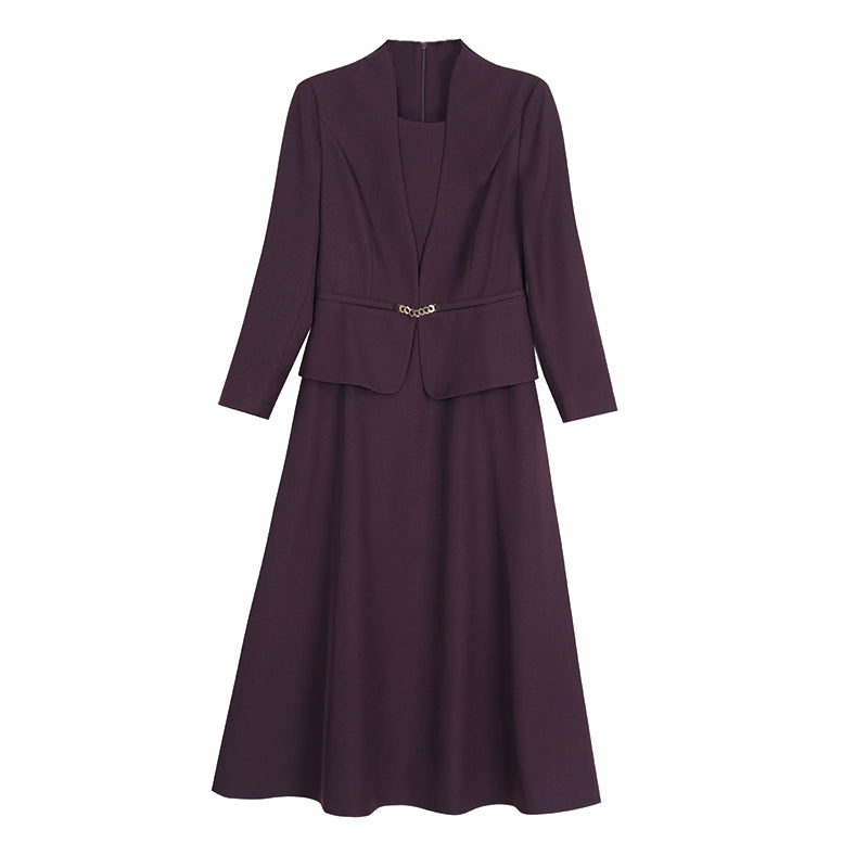 Dark Purple Faux Two-Piece Blazer Midi Dress with