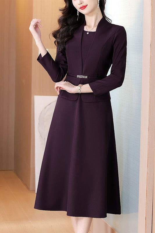 Dark Purple Faux Two-Piece Blazer Midi Dress with