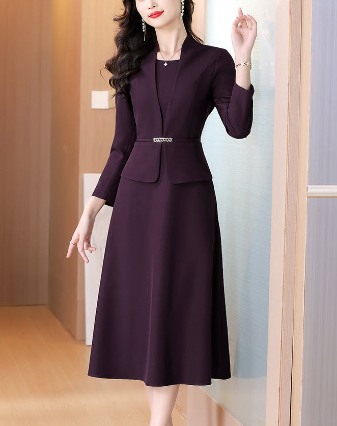 Dark Purple Faux Two-Piece Blazer Midi Dress with