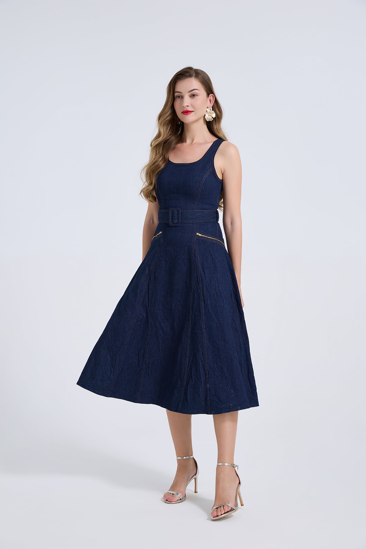 Dark Wash Denim Belted Midi Dress with Gold Zip Pockets