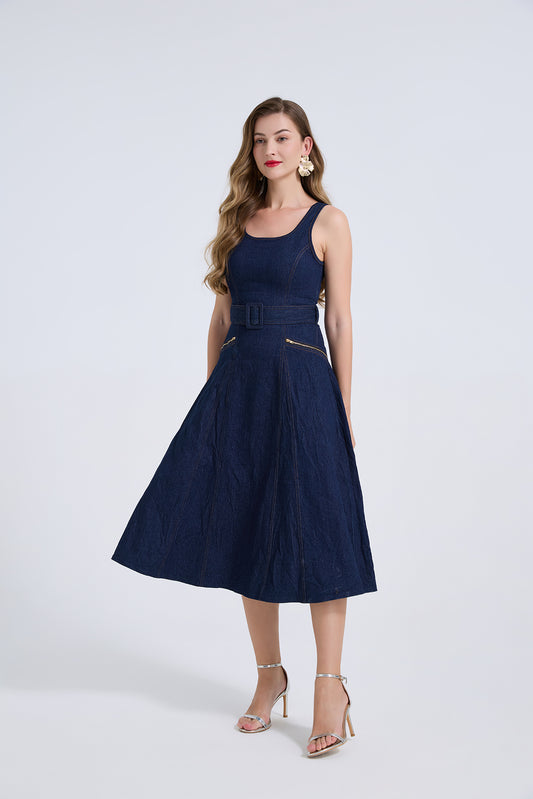 Dark Wash Denim Belted Midi Dress with Gold Zip Pockets