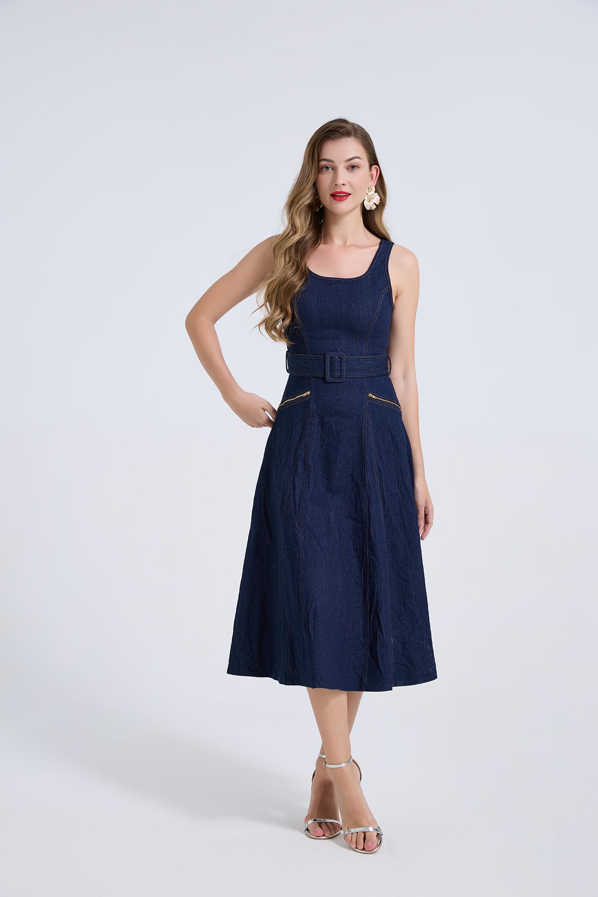 Dark Wash Denim Belted Midi Dress with Gold Zip Pockets