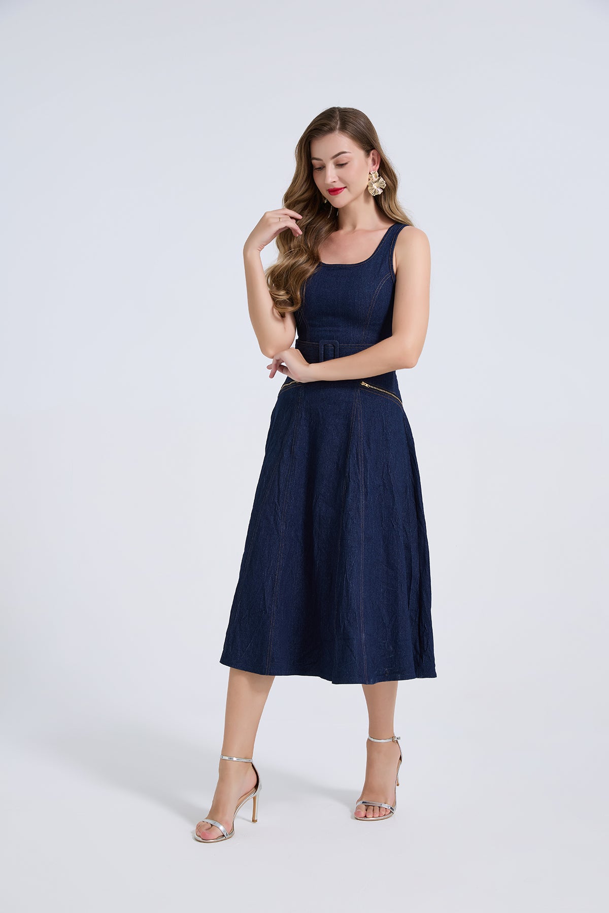 Dark Wash Denim Belted Midi Dress with Gold Zip Pockets