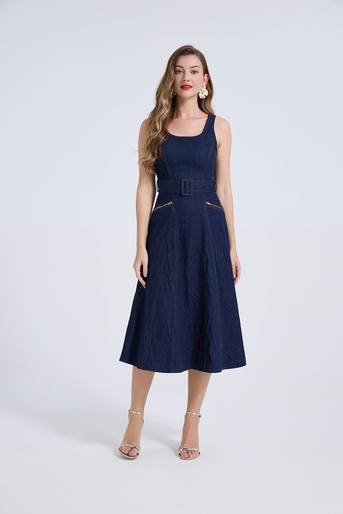 Dark Wash Denim Belted Midi Dress with Gold Zip Pockets