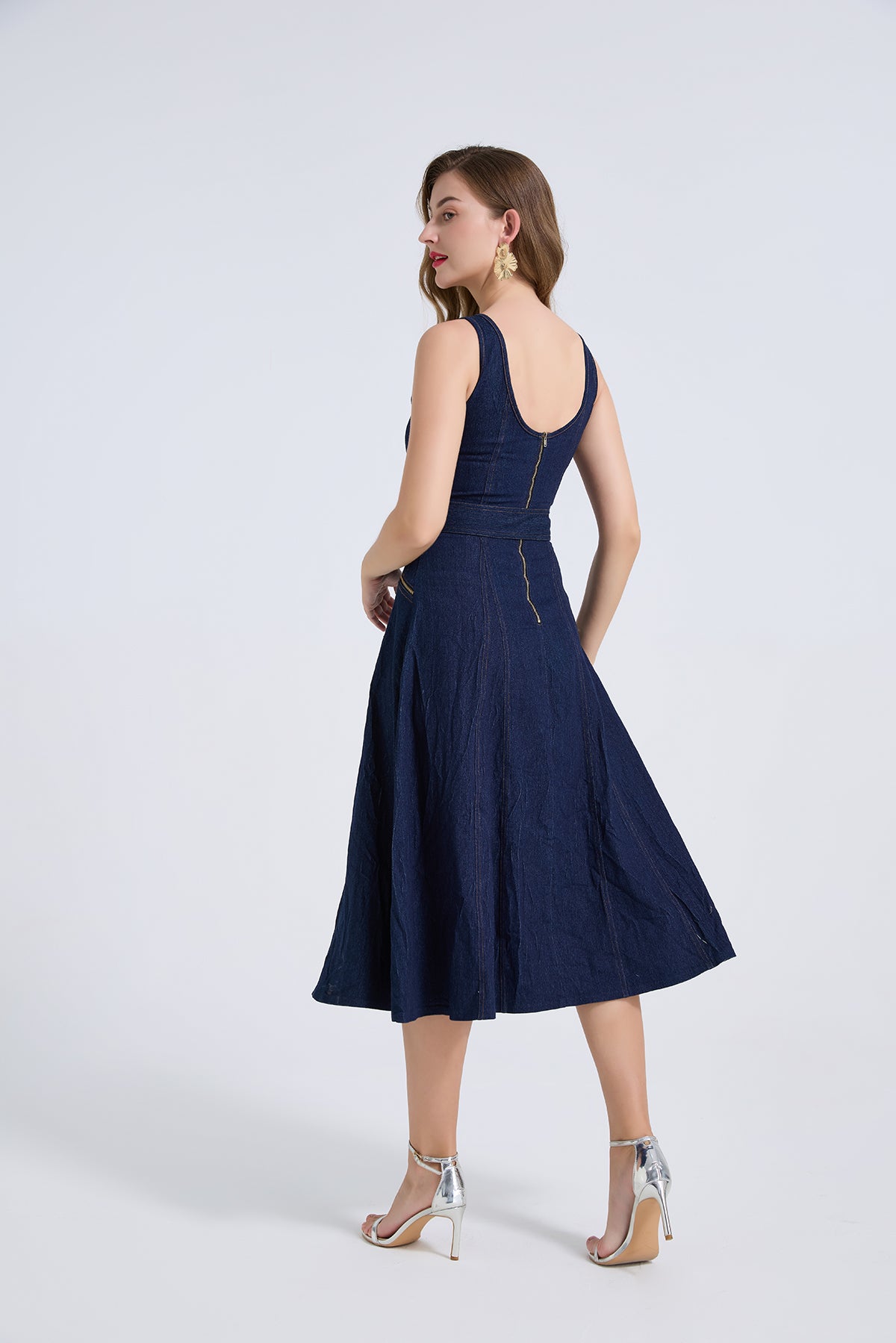 Dark Wash Denim Belted Midi Dress with Gold Zip Pockets
