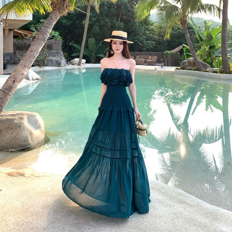 Deep Teal Strapless Smocked Tiered Maxi Dress