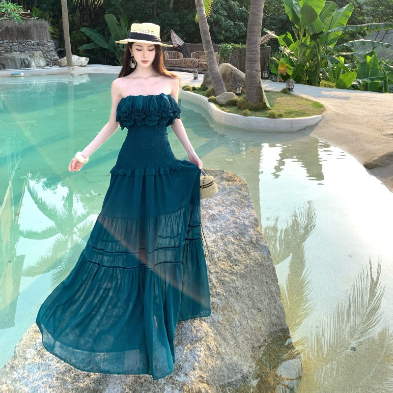 Deep Teal Strapless Smocked Tiered Maxi Dress