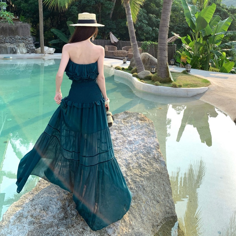 Deep Teal Strapless Smocked Tiered Maxi Dress
