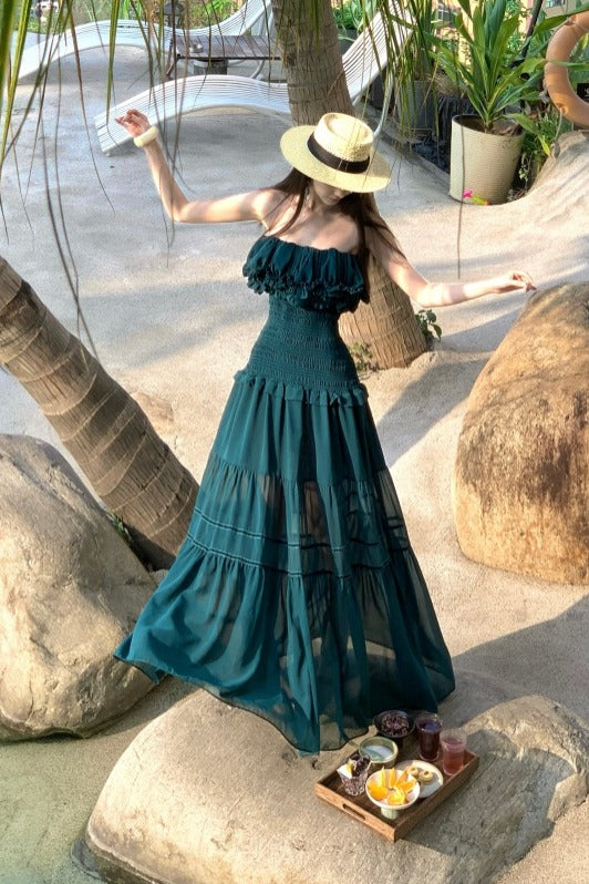 Deep Teal Strapless Smocked Tiered Maxi Dress