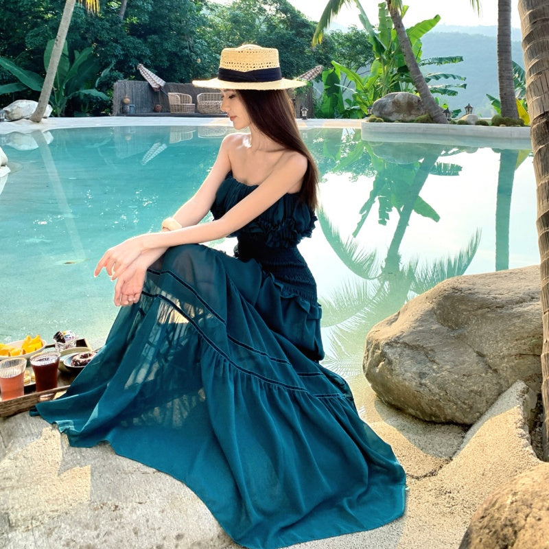 Deep Teal Strapless Smocked Tiered Maxi Dress