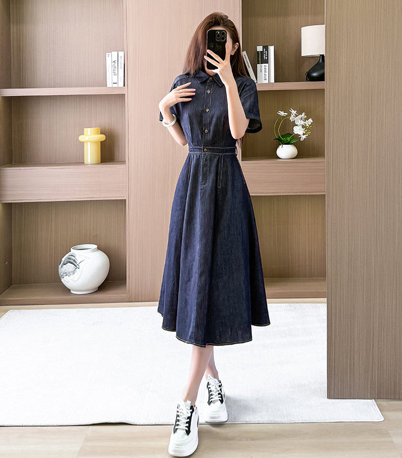 Pleated Waist Denim Button Shirt Dress