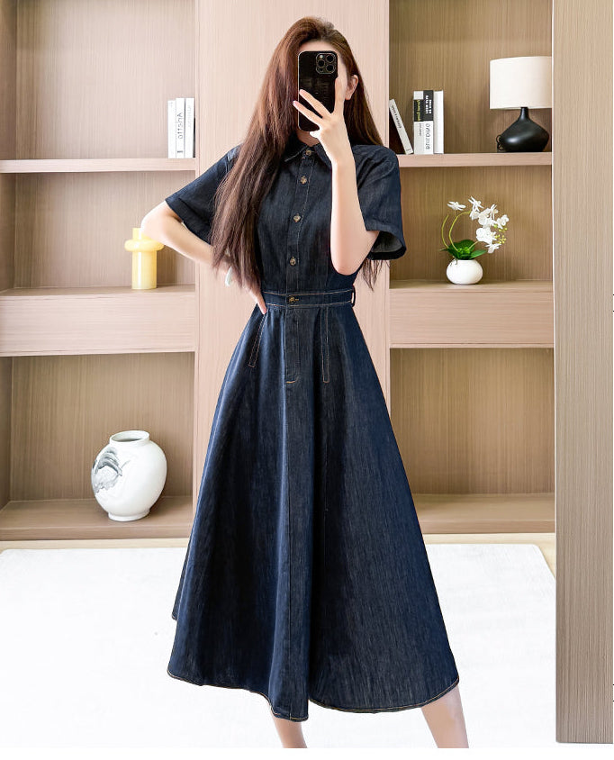 Pleated Waist Denim Button Shirt Dress
