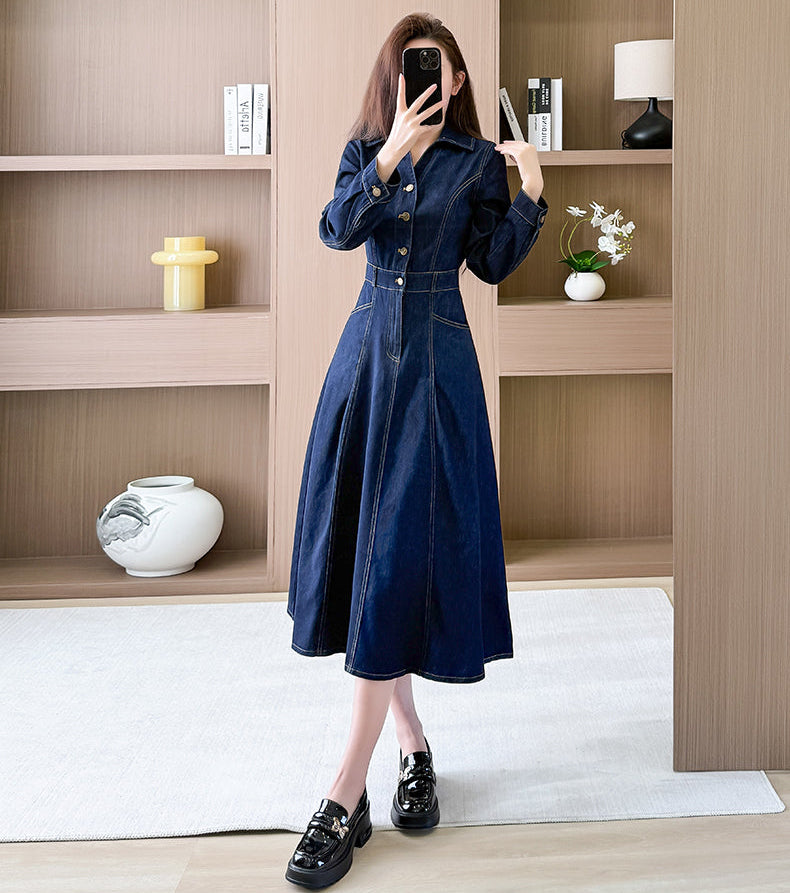 Long Sleeve Contrast Stitch Denim Midi Dress