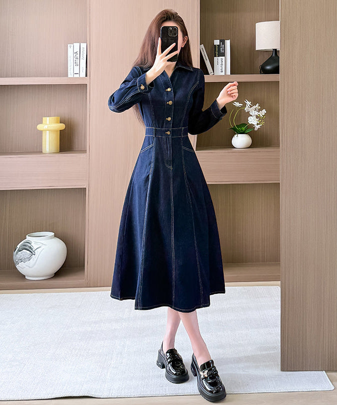 Long Sleeve Contrast Stitch Denim Midi Dress