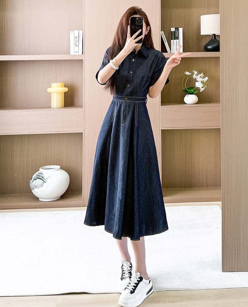 Pleated Waist Denim Button Shirt Dress