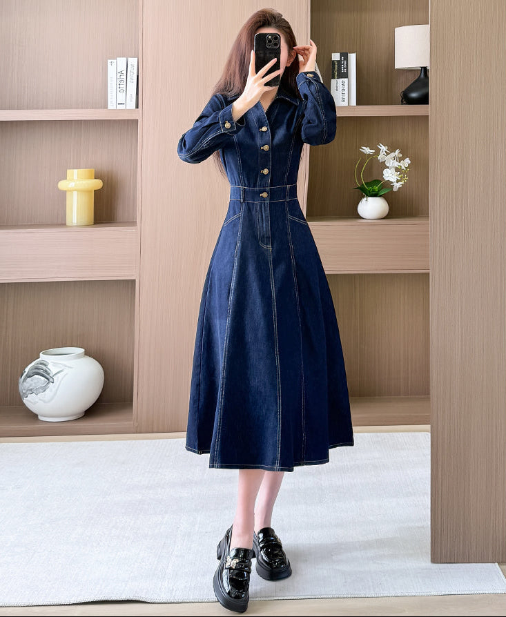 Long Sleeve Contrast Stitch Denim Midi Dress