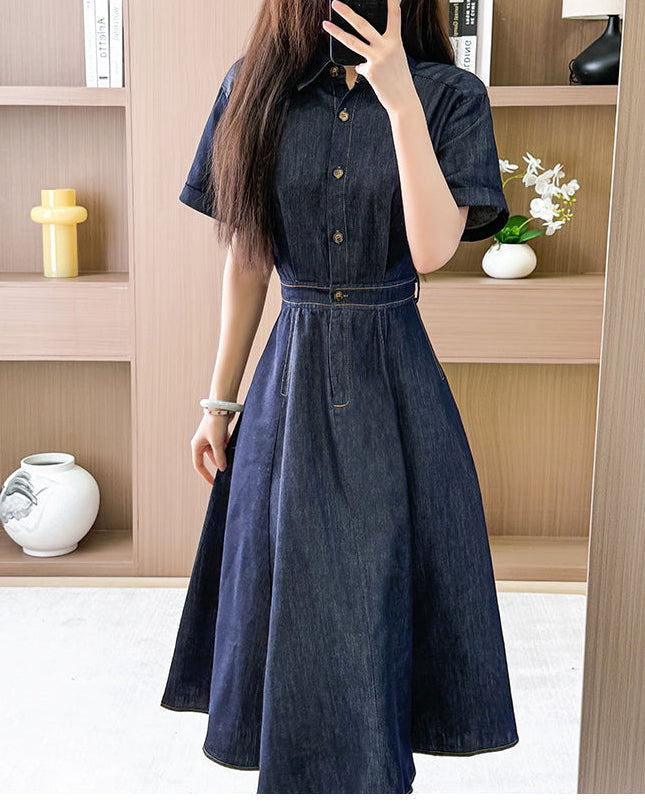 Pleated Waist Denim Button Shirt Dress