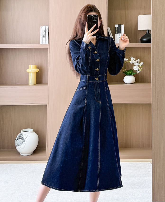 Long Sleeve Contrast Stitch Denim Midi Dress