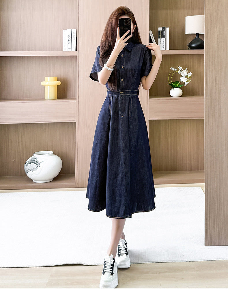 Pleated Waist Denim Button Shirt Dress